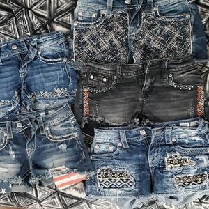 Miss Me Jean Shorts Blue and Black Distressed Embellished